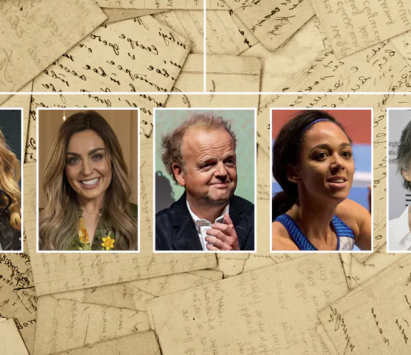 Photos of Zoe Ball, Amy Dowden, Toby Jones, Katarina Johnson-Thompson and Dame Harriet Walter, with old documents in the background