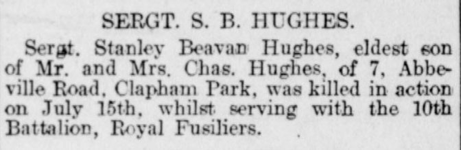 Sergeant Stanley Bevan Hughes was killed in action on 15 July 1916