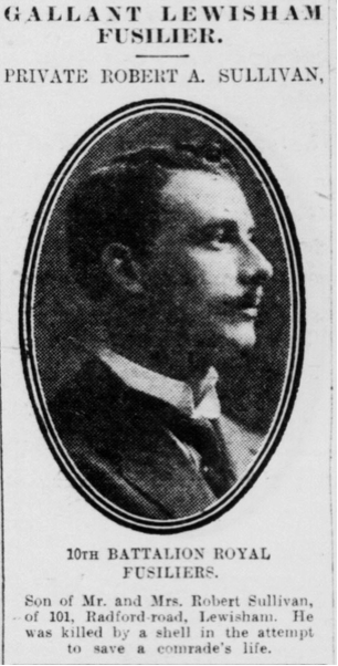 Private Robert Sullivan died trying to save a comrade’s life in 1915