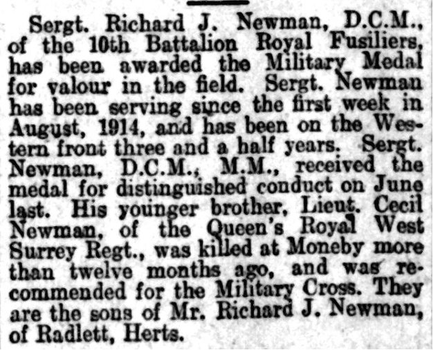 Sergeant Richard J Newman was awarded the Military Medal in 1918