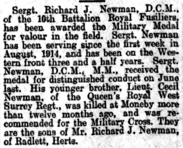 Sergeant Richard J Newman was awarded the Military Medal in 1918