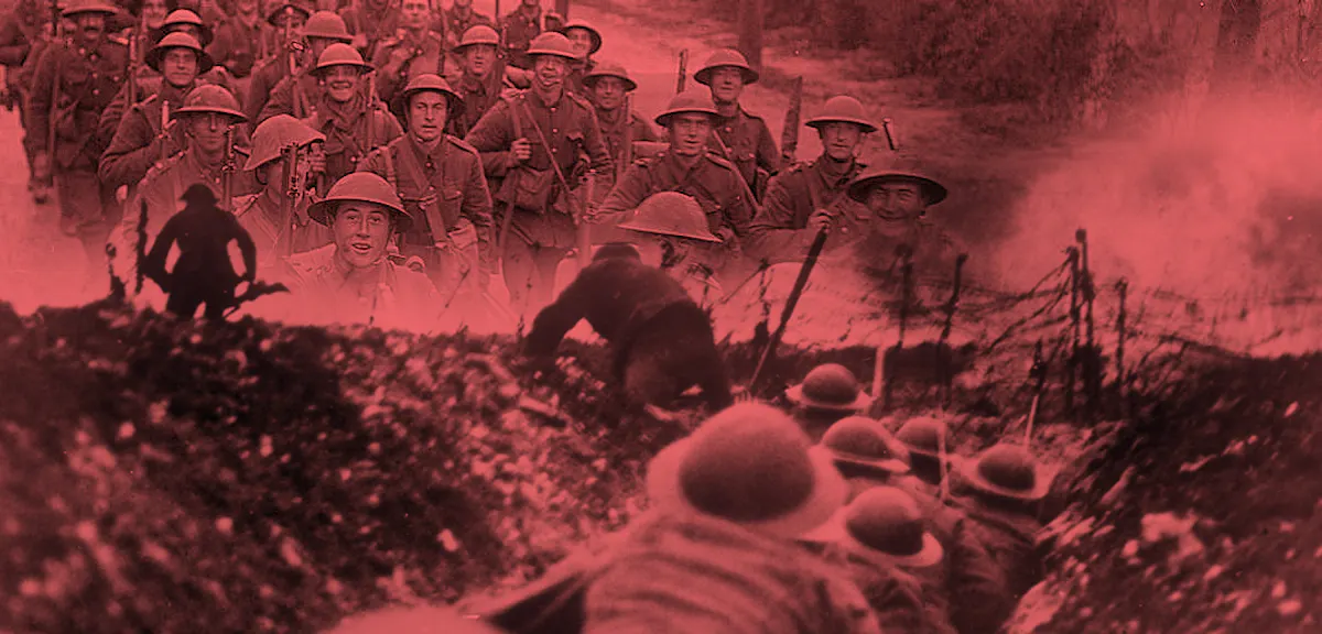 Composite image of First World War soldiers marching and in a trench