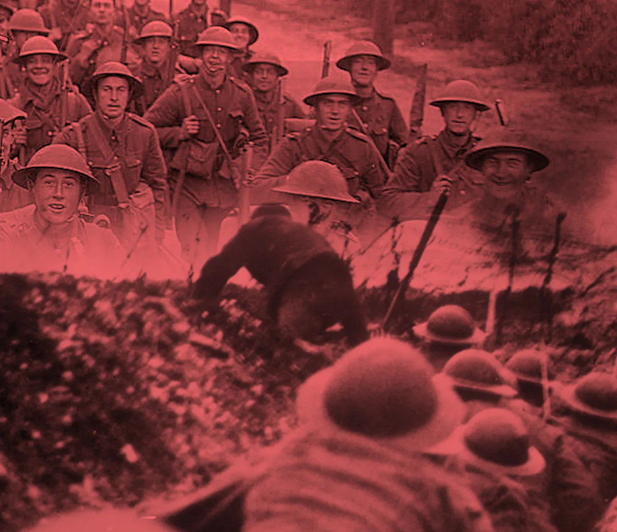 Composite image of First World War soldiers marching and in a trench