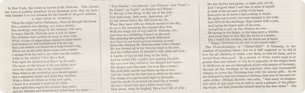 Clement Clarke Moore's Account of a Visit from St. Nicholas, published in The Queen, 21 December 1861. View this page.