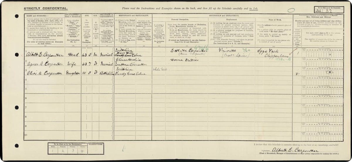 Albert E. Carpenter, listed as a house carpenter in the 1921 Census of England and Wales.