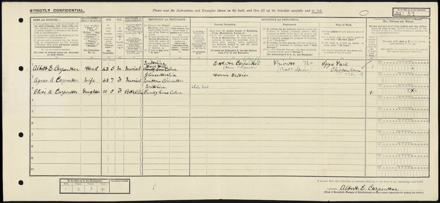 Albert E. Carpenter, listed as a house carpenter in the 1921 Census of England and Wales.