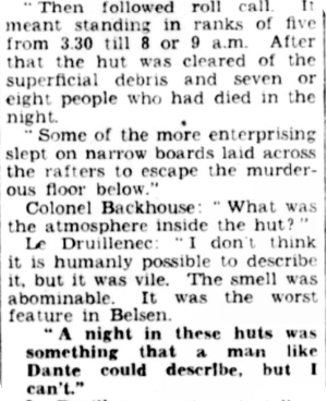 Part of Harold’s testimony at the Bersen trial in Lüneberg from September 1945, recorded in the Daily Herald, 21 September 1945.