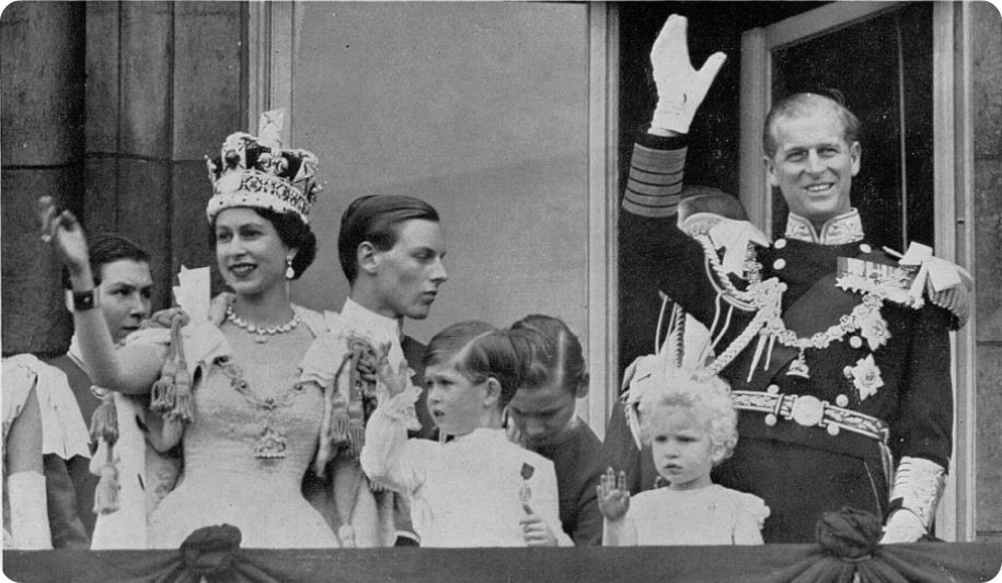 Queen Elizabeth and Prince Philip waving from Buckingham Palace balcony, The Tatler, 1953.