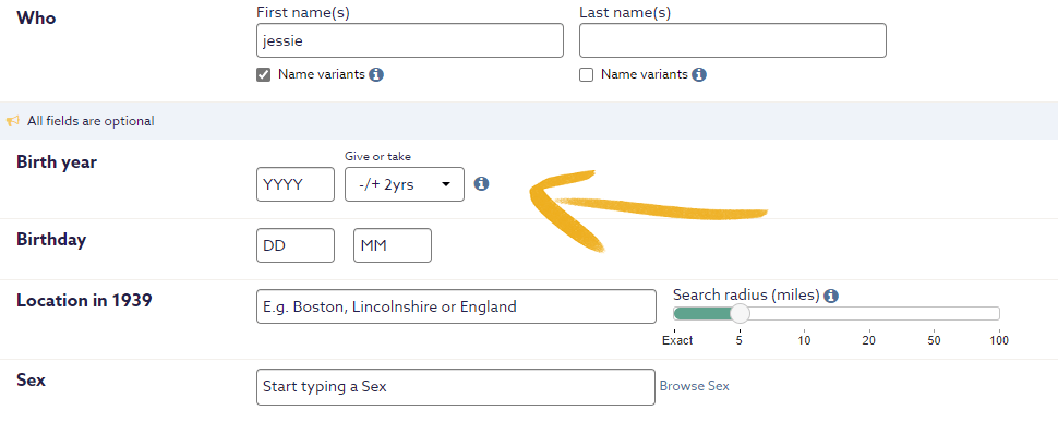 The 'Give or take' feature for searching the 1939 Register on the advanced search screen.