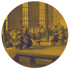 Vintage sketch of workhouse inmates: search workhouse records