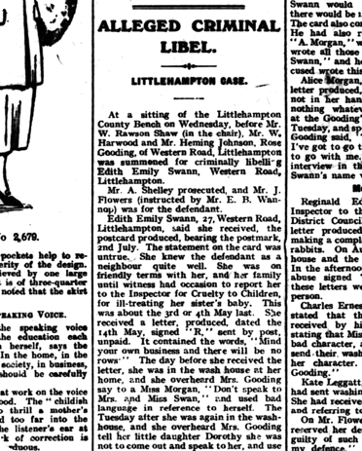 The first mention of the scandal, found in the Bognor Regis Observer, 29 September 1920.