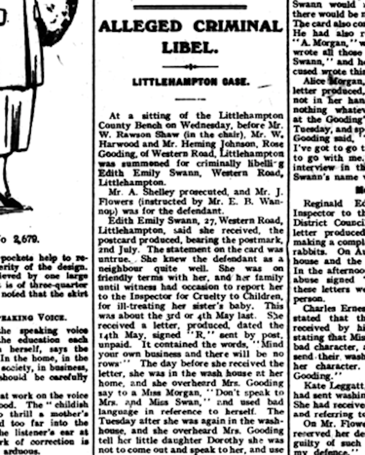 The first mention of the scandal, found in the Bognor Regis Observer, 29 September 1920.