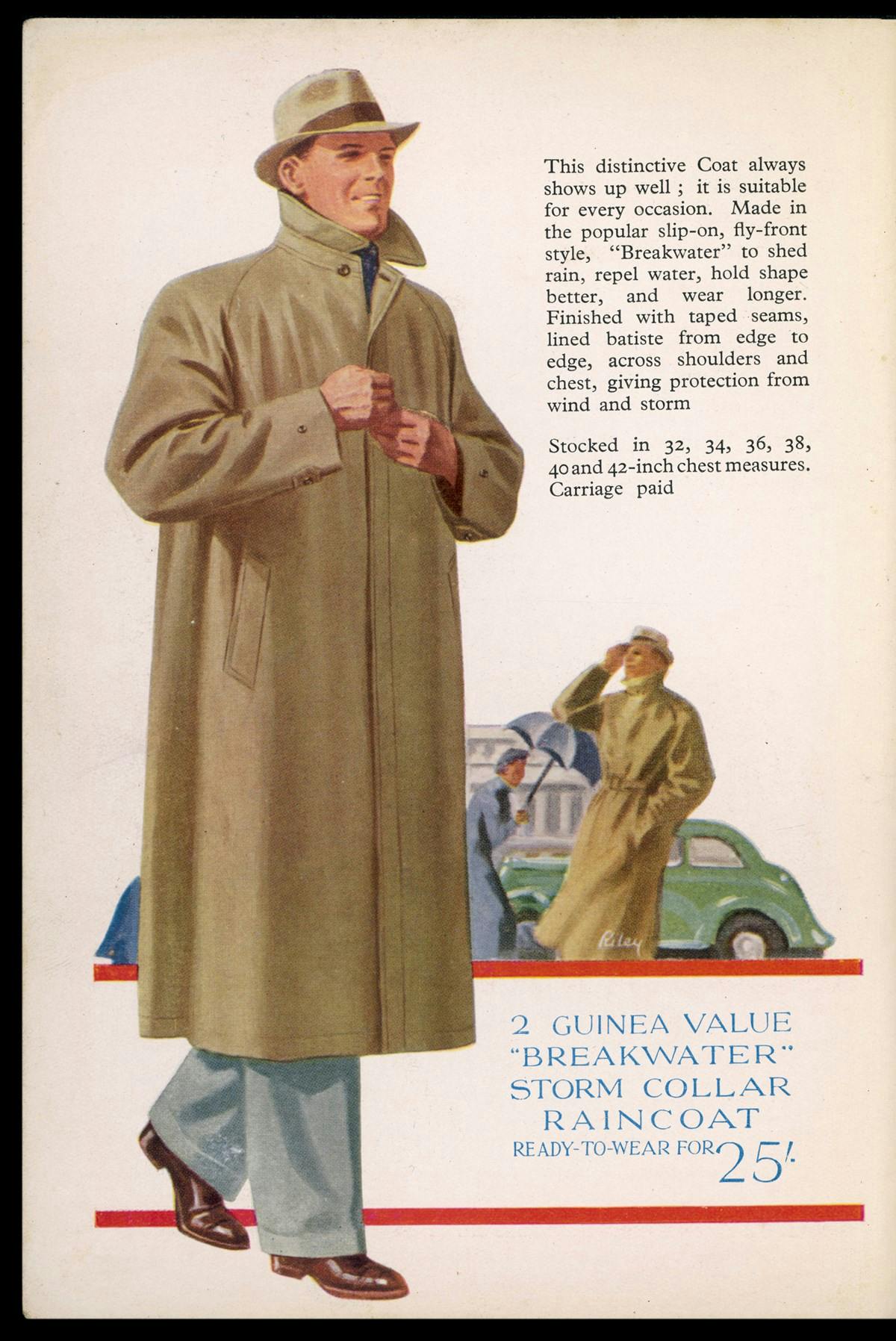 A full page illustrated advertisement showing a man wearing a light brown raincoat.