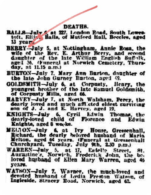 Annie’s death reported in the Eastern Daily Press, 9 July 1907.