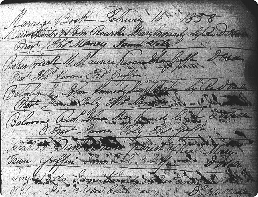 Hard-to-read handwriting, Marriage Book, Dingle, County of Kerry, Catholic Parish Registers at the National Library of Ireland, http://registers.nli.ie, accessed June 2017.