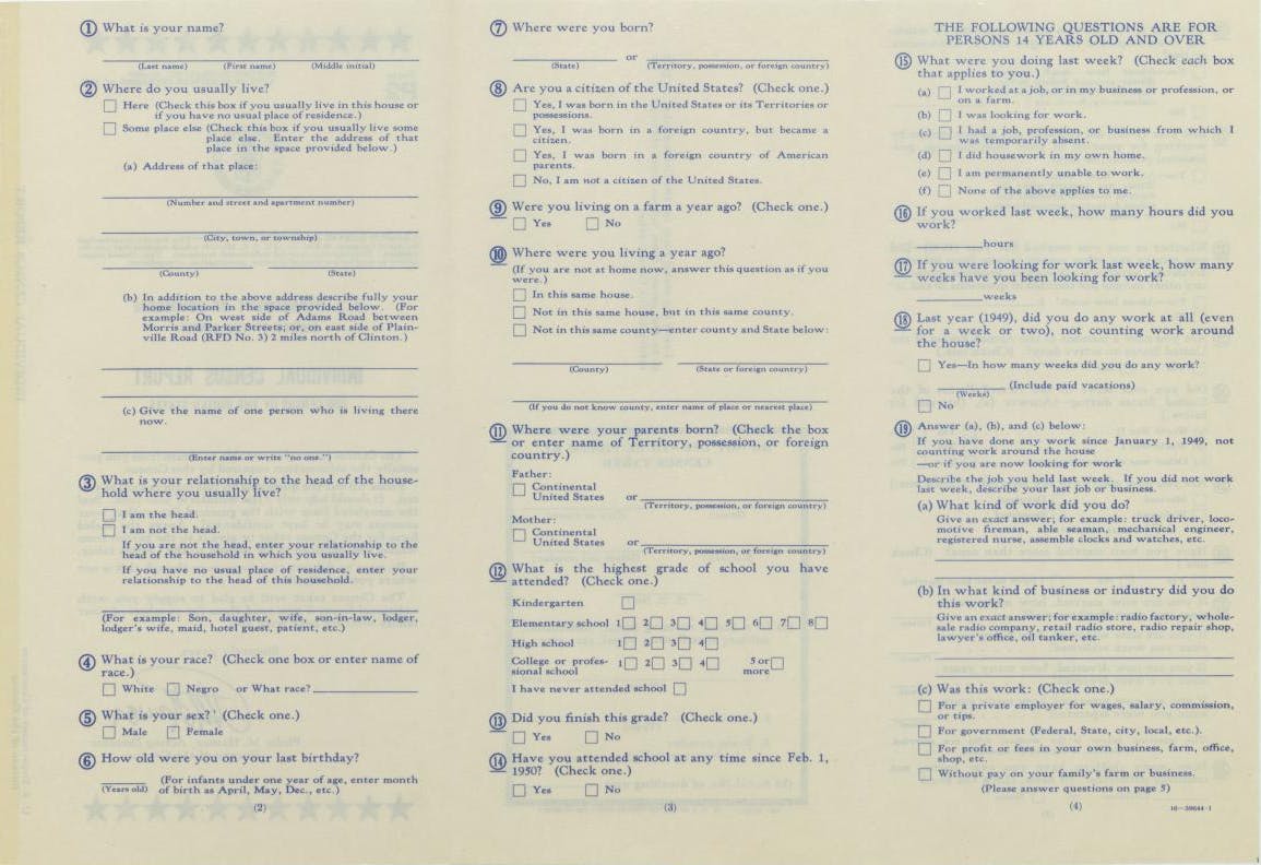 An example of a blank 1950 US Census return.