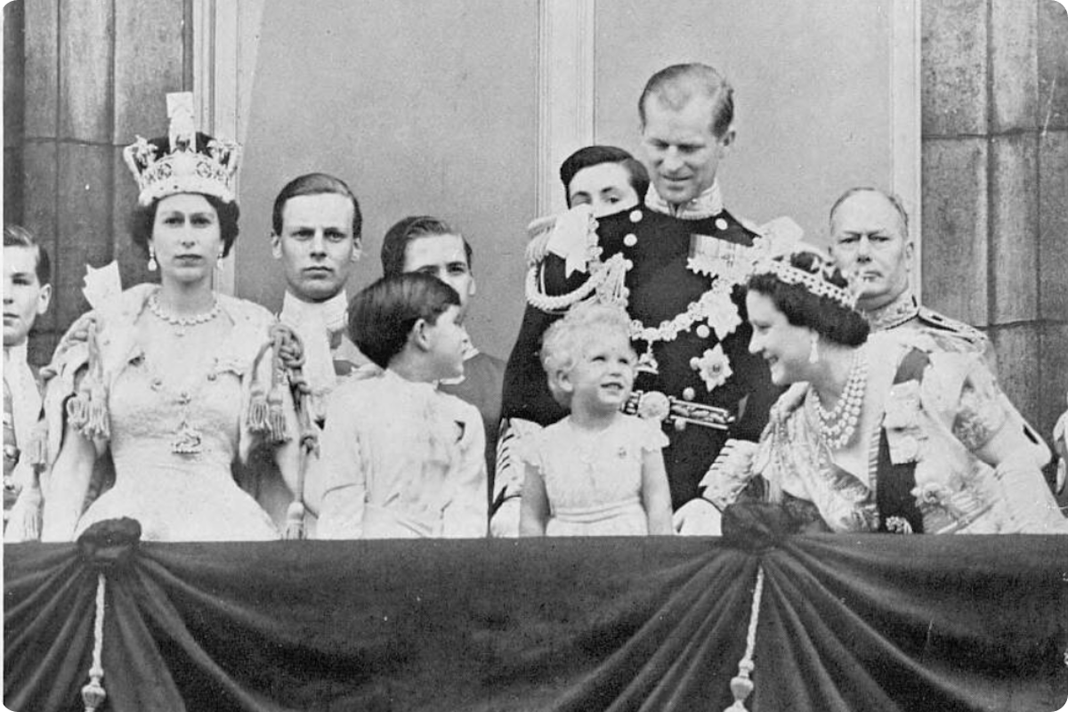 queen elizabeth ii, prince philip, prince charles, princess anne and the queen mother on coronation day