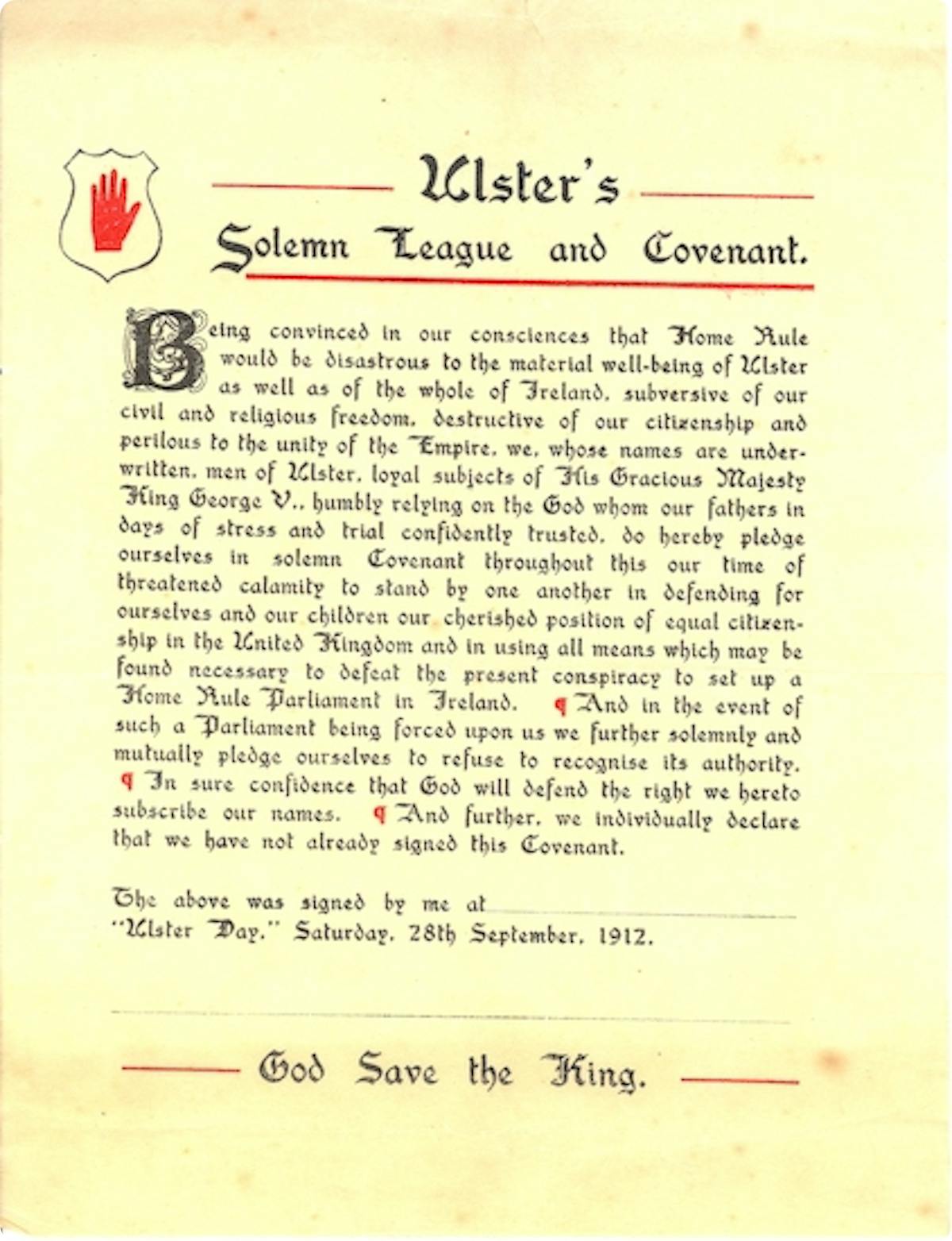 The Ulster Covenant, 1912.