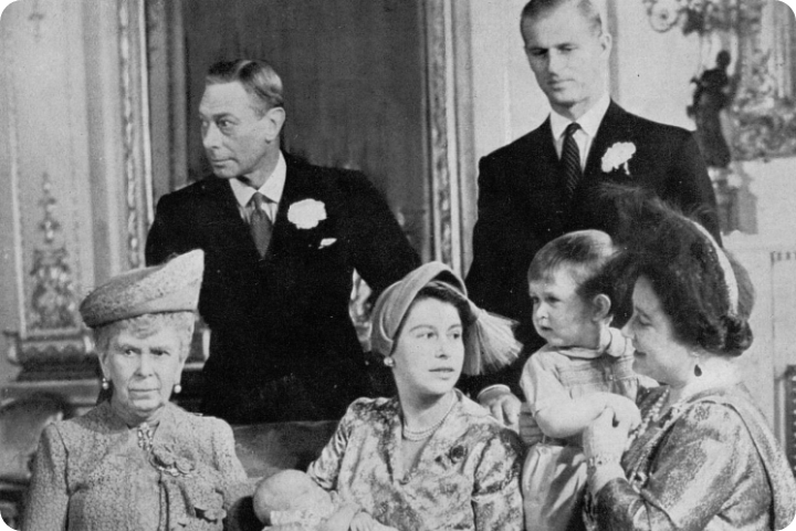 princess elizabeth with her parents, grandmother, prince philip, prince charles and princess anne