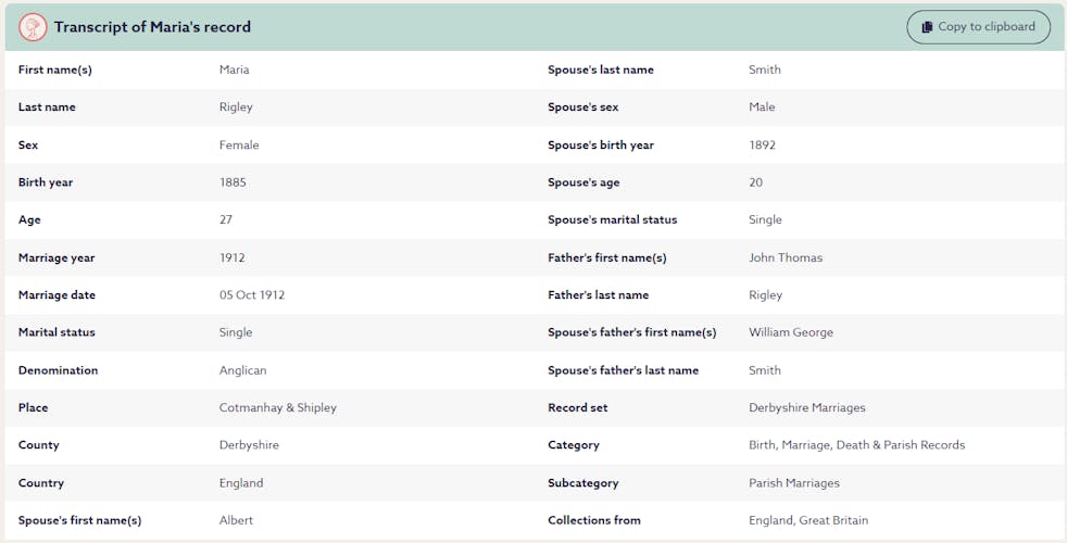 The record of Maria Rigley who married Albert Smith in 1912