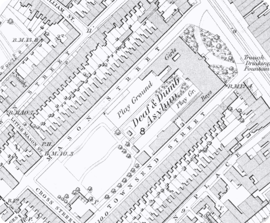 A map of the school (formerly called Deaf and Dumb Asylum) on Old Kent Road, c.1875.