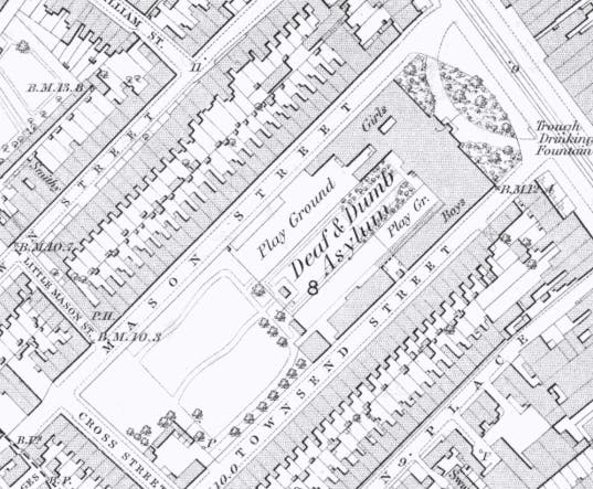 A map of the school (formerly called Deaf and Dumb Asylum) on Old Kent Road, c.1875.