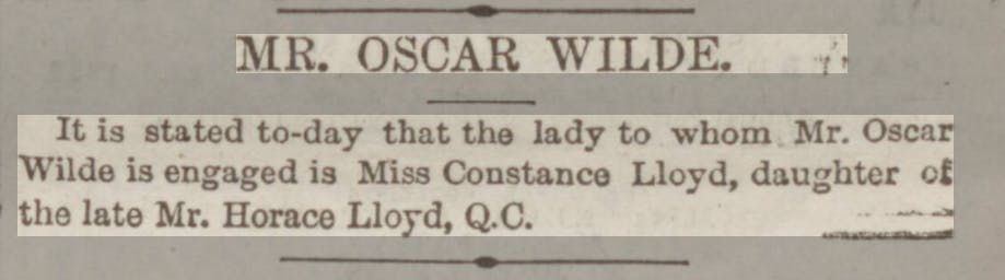 Oscar Wilde's engagement, as reported in the Manchester Evening News, 1883.