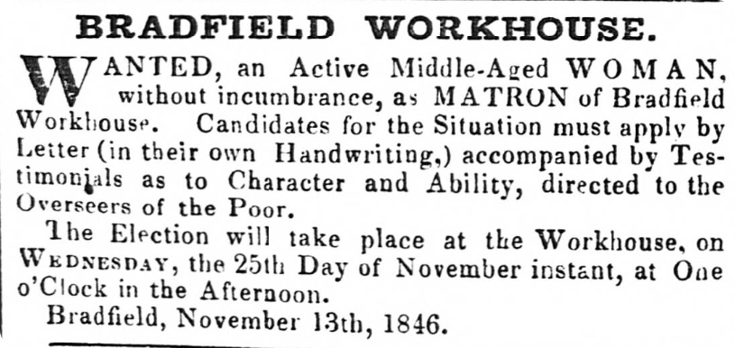 An 1846 job advert for Bradfield Workhouse, found in the Sheffield Independent. 