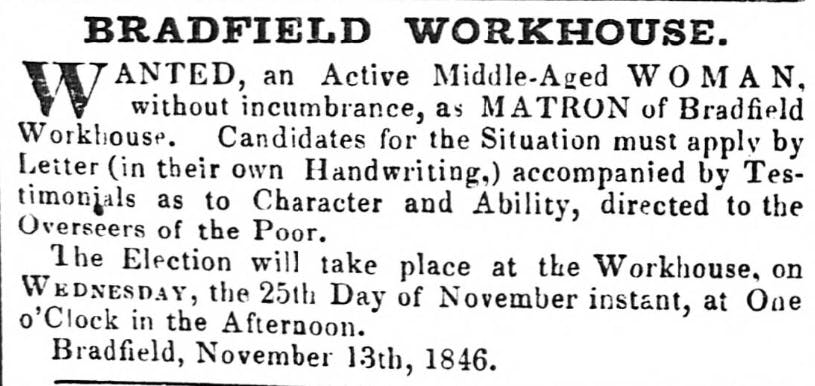 An 1846 job advert for Bradfield Workhouse, found in the Sheffield Independent. 