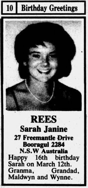 A birthday greetings to a lady in Melbourne, Rhondda Leader, 1987.