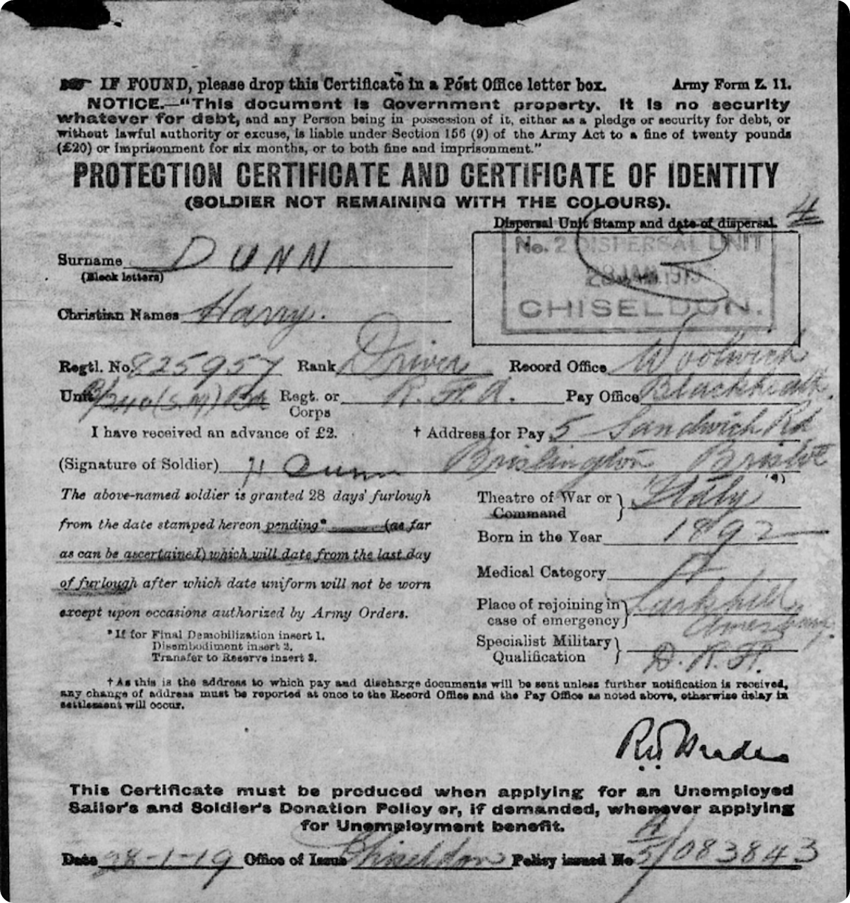 Harry’s identity certificate in his service records.