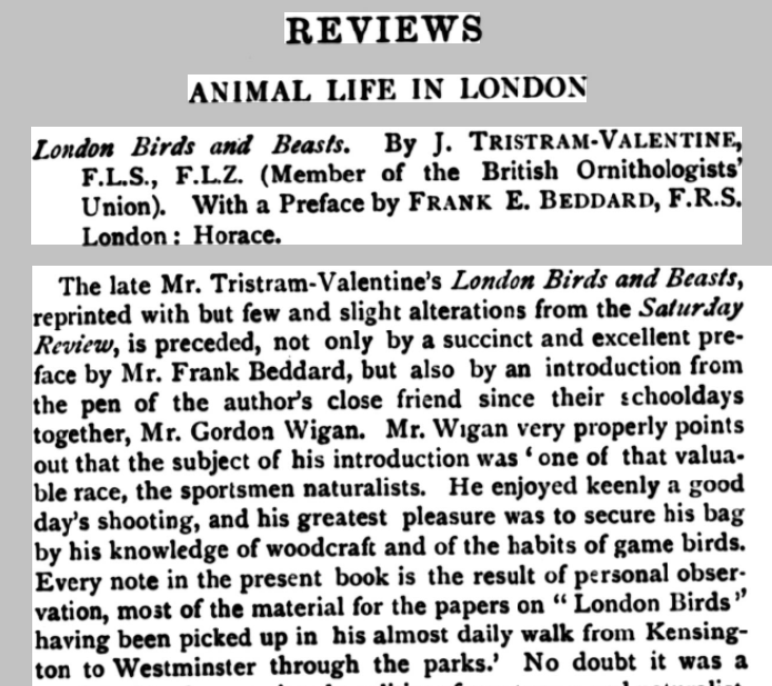 A review of London Birds and Beasts, featured in the National Observer, 1895.