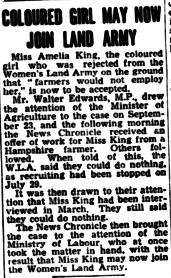 Amelia permitted to join the Women's Land Army, reported in the Daily News, 5 October 1943.