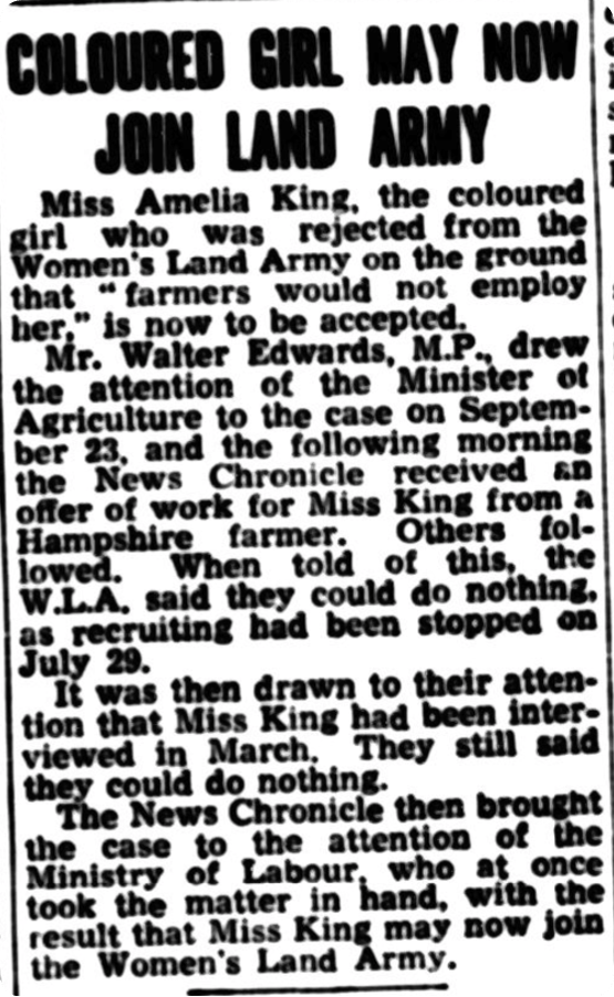 Amelia King permitted to join the Women's Land Army, reported in the Daily News, 5 October 1943.