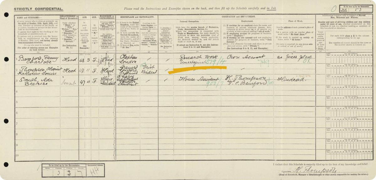 Fanny and Harriet's 1921 Census record