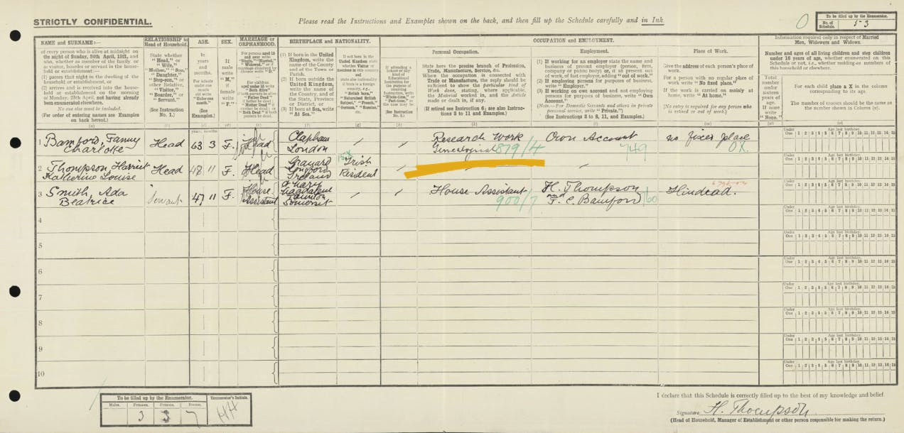 Fanny and Harriet's 1921 Census record
