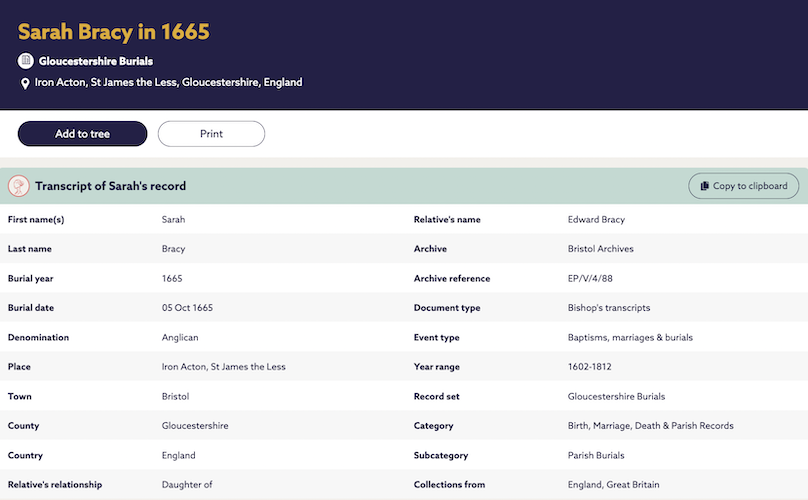 Sarah Bracy's burial record.