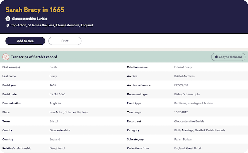 Sarah Bracy's burial record.