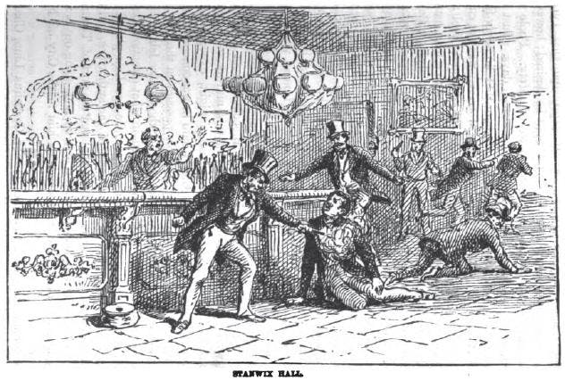 An illustration of Baker shooting Bill the Butcher in Stanwix Hall