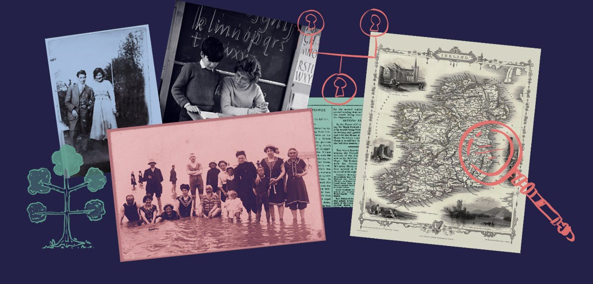 A collage of Irish family history graphics and images