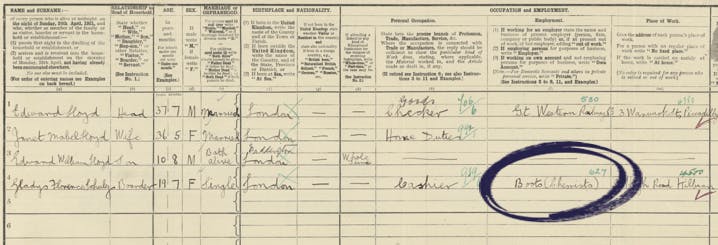 A 1921 Census record listing employer as Boots Pharmacy.