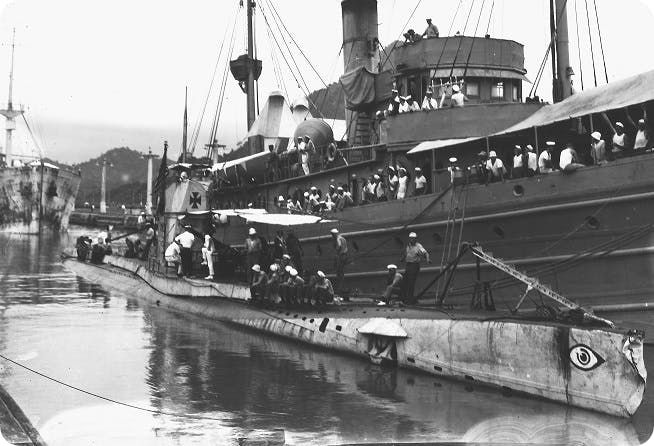 USS Bittern with UB88 captured German U-Boat at Pedro Miguel Panama Canal August 1919