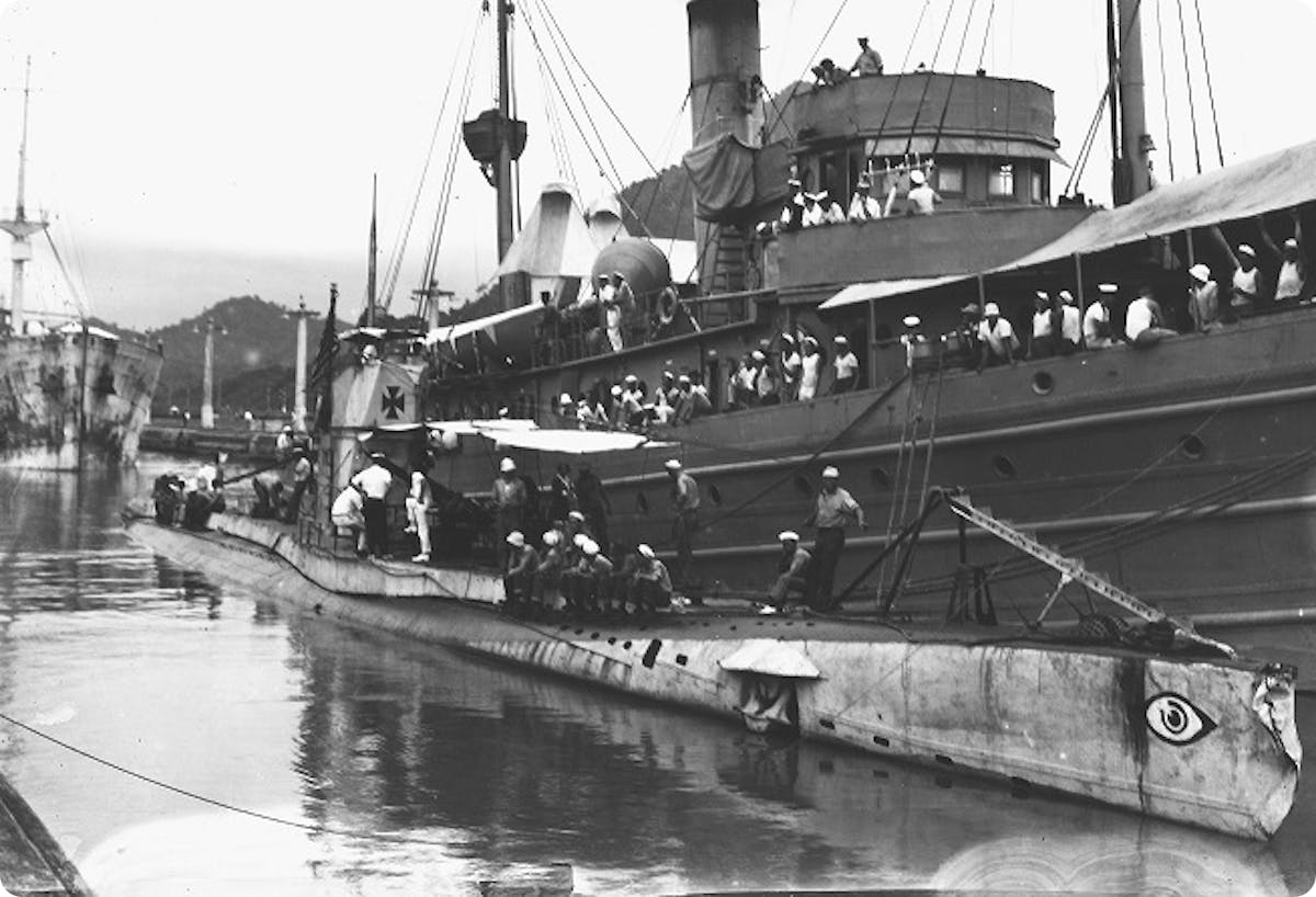 USS Bittern with UB88 captured German U-Boat at Pedro Miguel Panama Canal August 1919