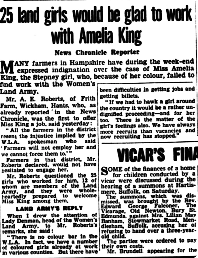 Other Land Girls were supportive of Amelia joining them, reported in the Daily News, 27 September 1943.