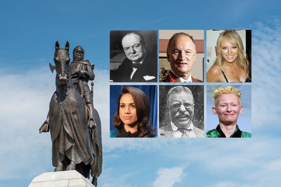A statue of Robert the Bruce with some of his famous descendants alongside it