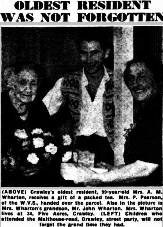 'Oldest resident was not forgotten', Crawley and District Observer, 1953.