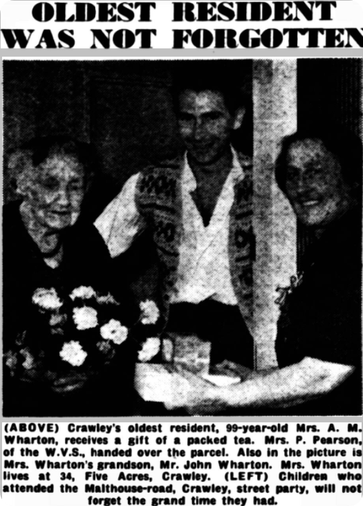 'Oldest resident was not forgotten', Crawley and District Observer, 1953.