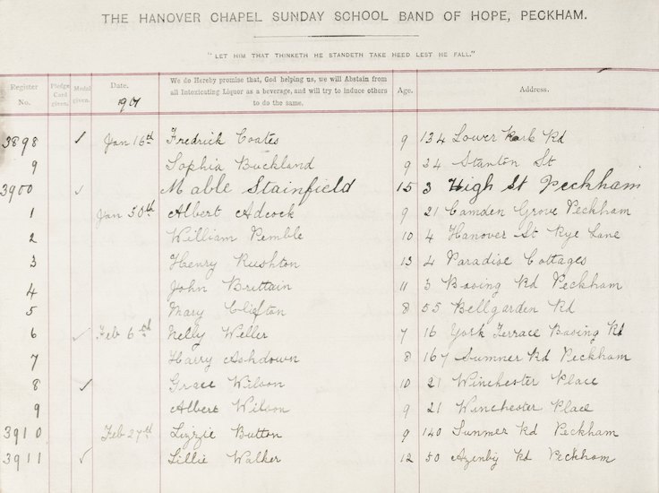 Sunday School register from Peckham