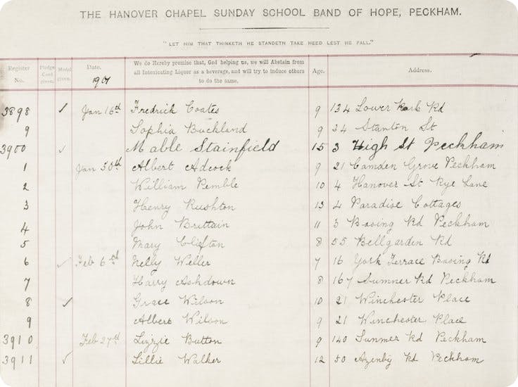 Sunday School register from Peckham