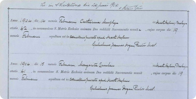 A Catholic burial record, dating back to 1904. View this record here.